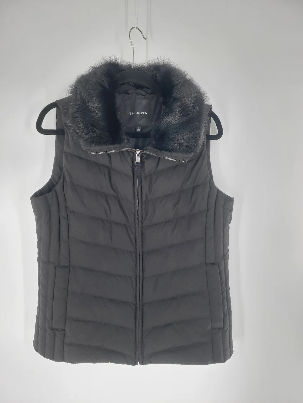 Talbots Down Puffer Vest Womens Size M  Black Faux Fur Collar Full Zip Quilted